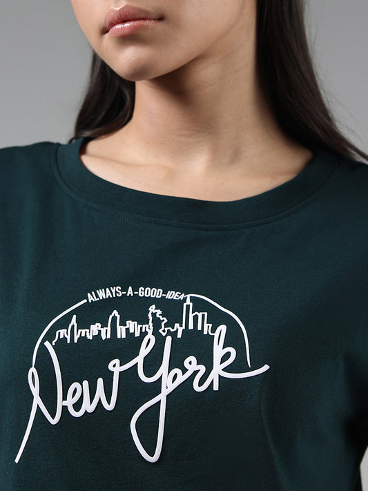 Studiofit Green Typographic Printed T-Shirt