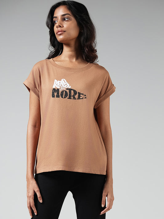 Studiofit Brown Typographic Cotton T-Shirt
