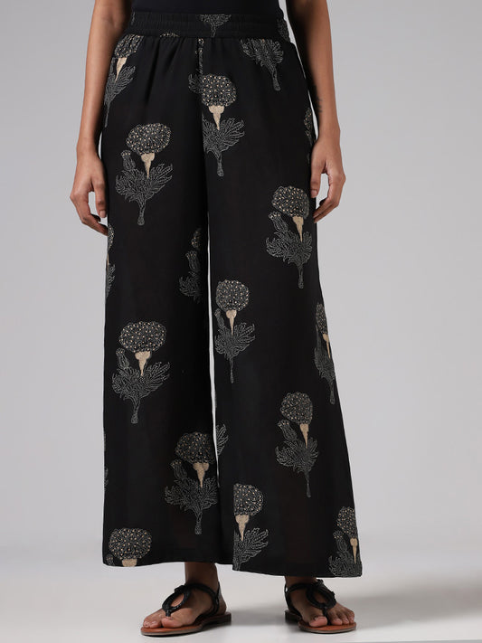 Zuba Black Floral Block Printed Palazzos