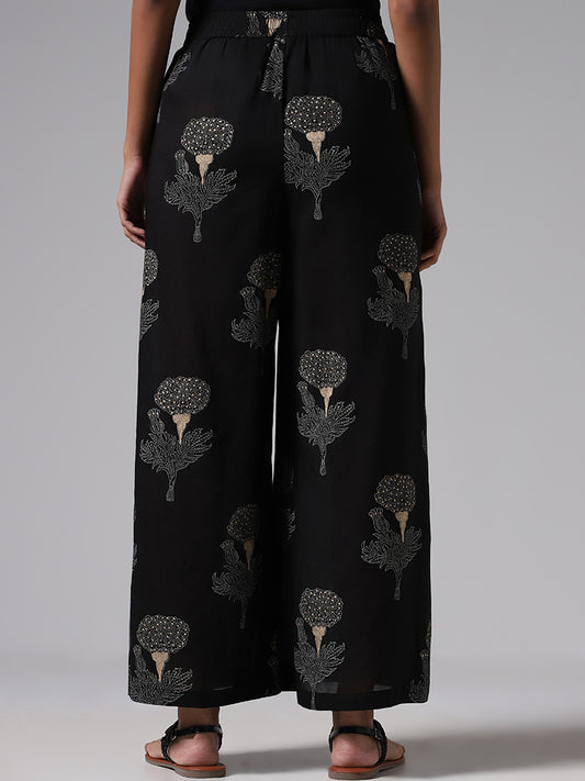 Zuba Black Floral Block Printed Palazzos