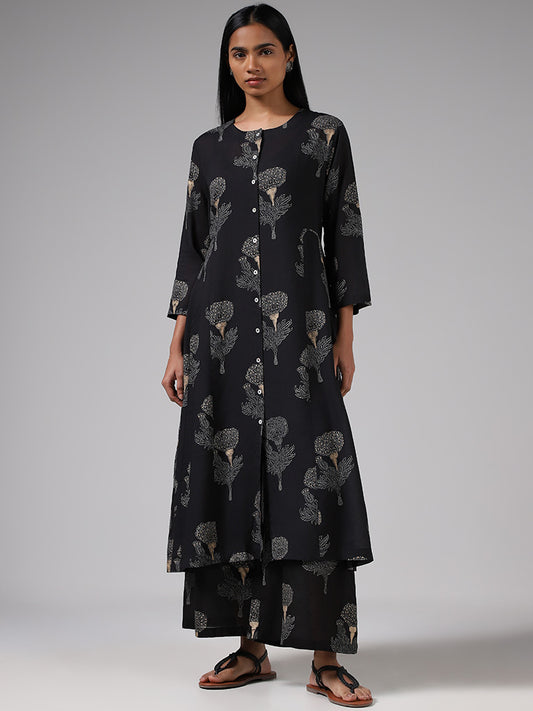 Zuba Black Floral Block Printed Palazzos