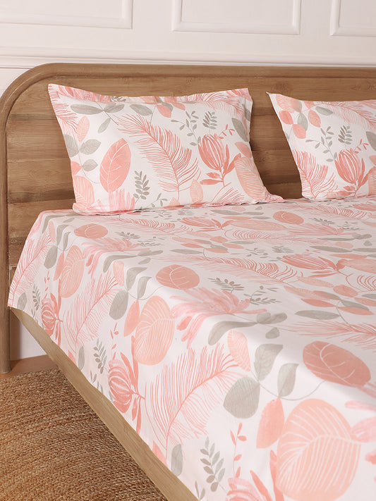 Westside Home Leaf Printed Off White King Bed Flat Sheet and Pillowcase Set