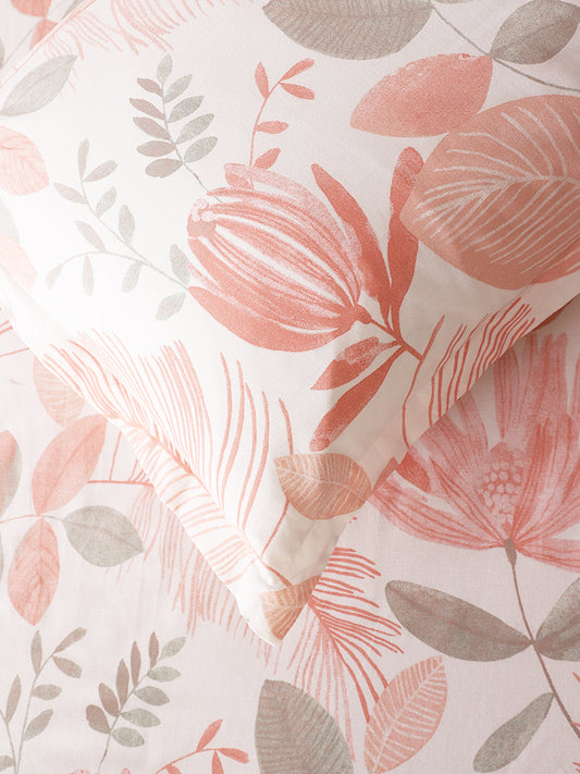 Westside Home Leaf Printed Off White King Bed Flat Sheet and Pillowcase Set