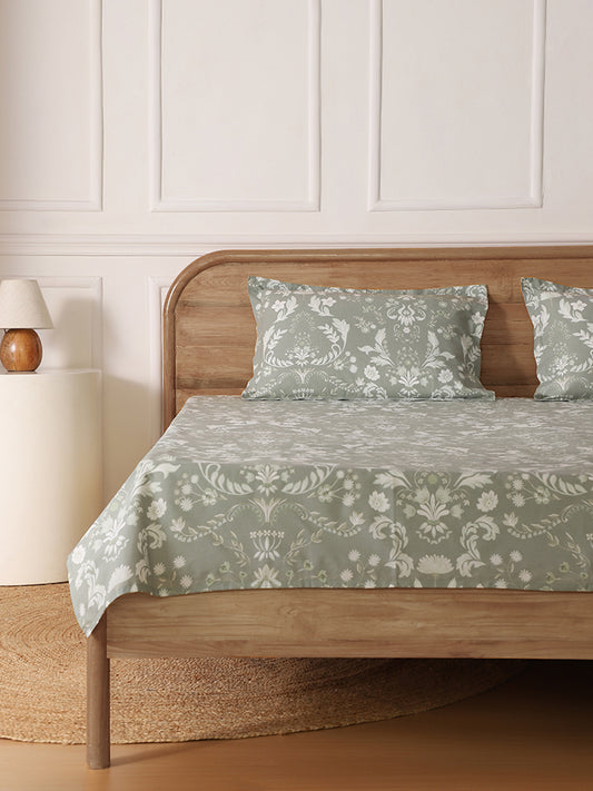 Westside Home Floral Printed Mint Green King Bed Flat Sheet and Pillowcase Set