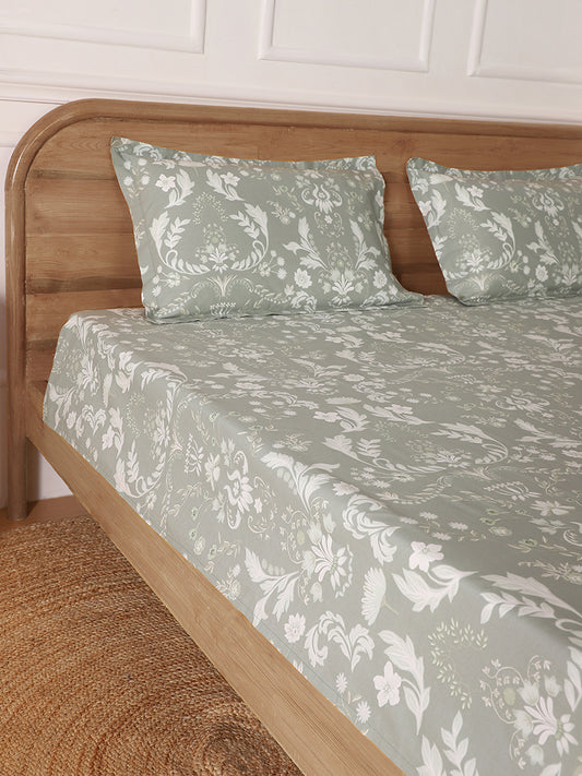 Westside Home Floral Printed Mint Green King Bed Flat Sheet and Pillowcase Set
