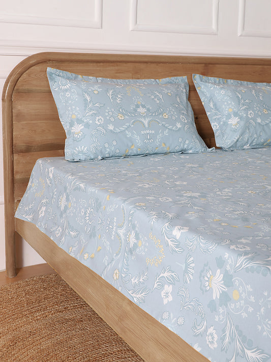 Westside Home Floral Printed Aqua Blue King Bed Flat Sheet and Pillowcase Set