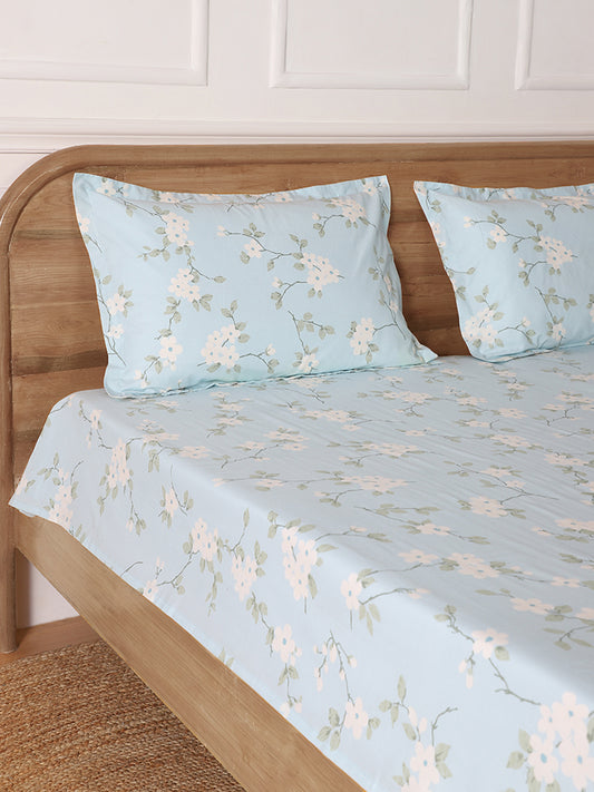 Westside Home Cherry Floral Printed Aqua Blue King Bed Flat Sheet and Pillowcase Set