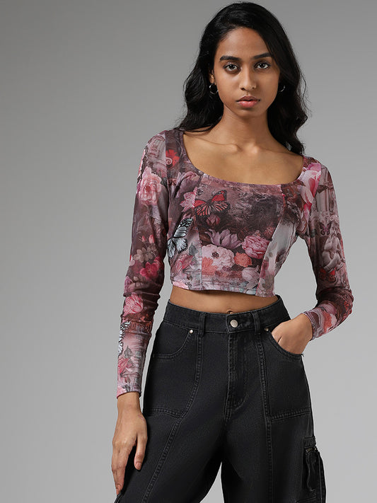 Nuon Pink Abstract Printed Crop Top