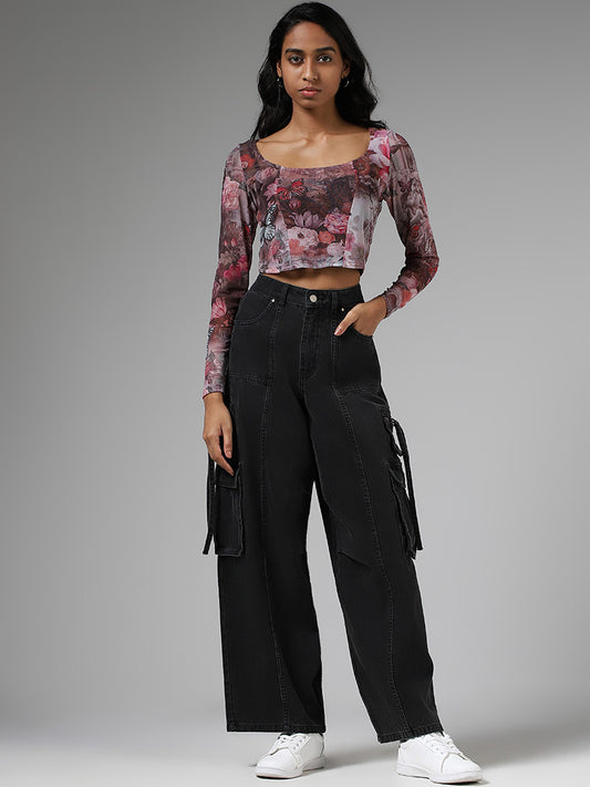 Nuon Pink Abstract Printed Crop Top