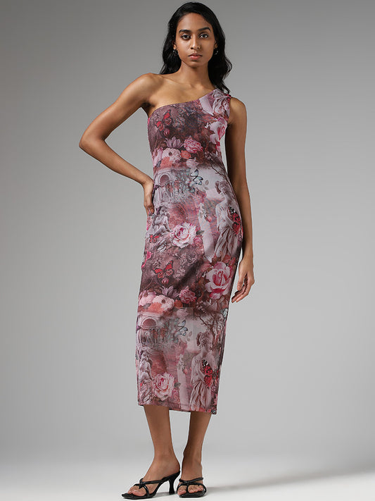 Nuon Pink Renaissance Printed One Shoulder Dress