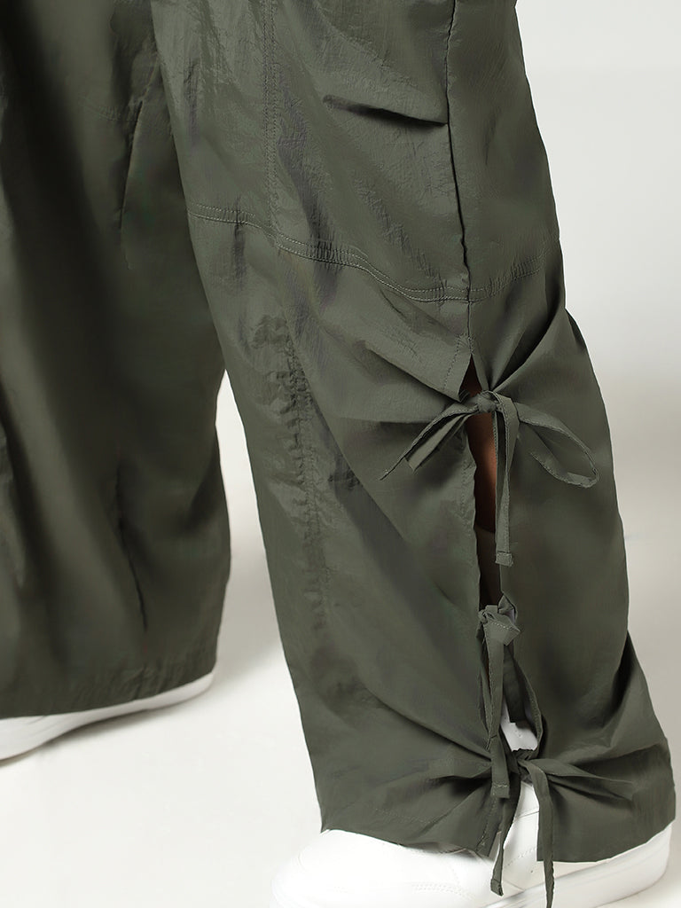 Buy Nuon Olive Tie-Up Detail Parachute Pants from Westside