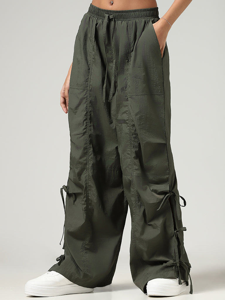 Nuon Olive Tie-Up Detail Parachute Pants