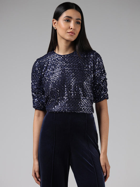 Wardrobe Navy Sequin Embroidered Top