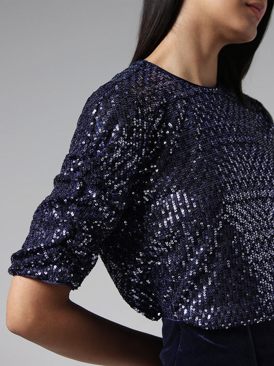 Wardrobe Navy Sequin Embroidered Top