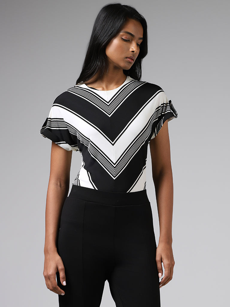 Wardrobe White & Black Chevron Striped Top
