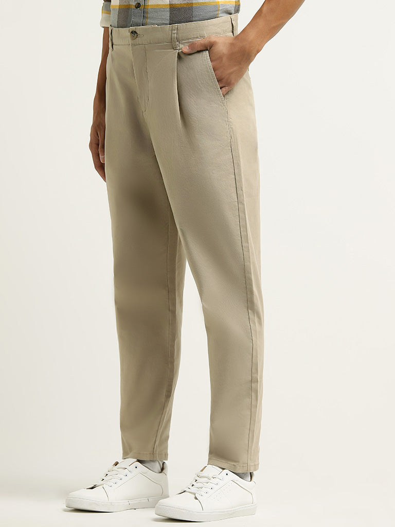 WES Casuals Beige Mid Rise Relaxed Fit Trousers