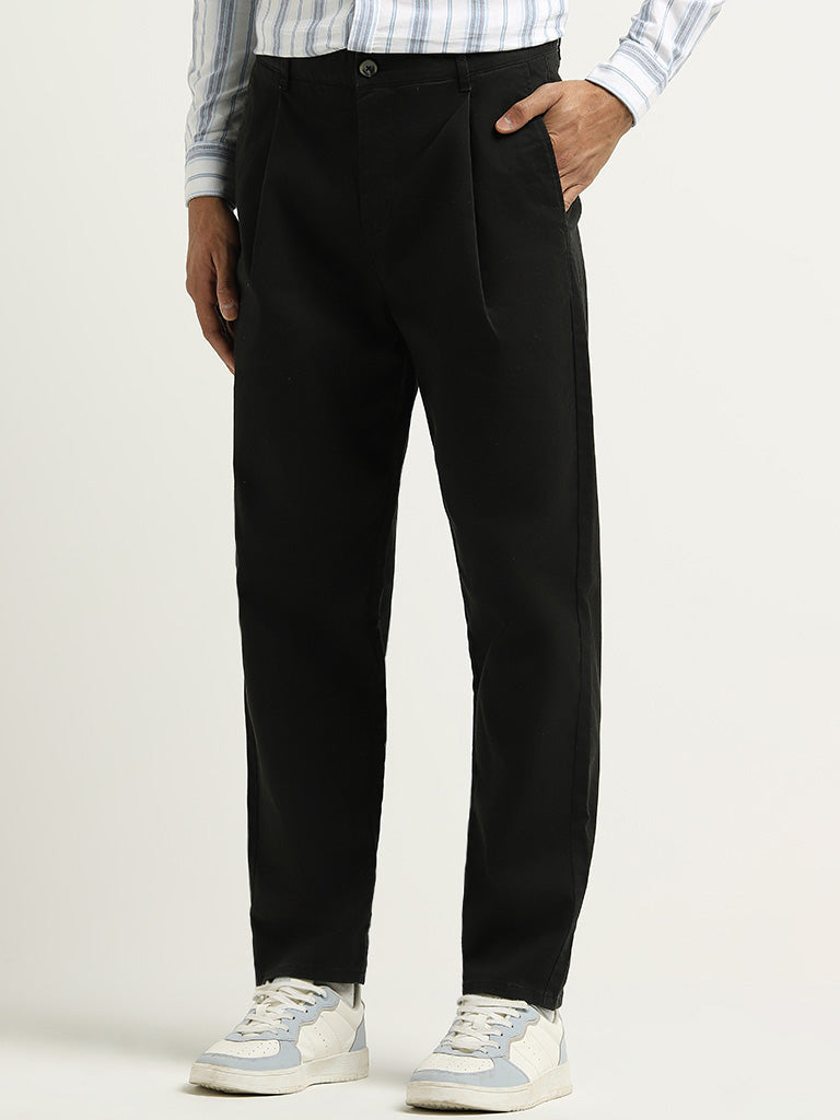 WES Casuals Black Mid Rise Relaxed Fit Trousers