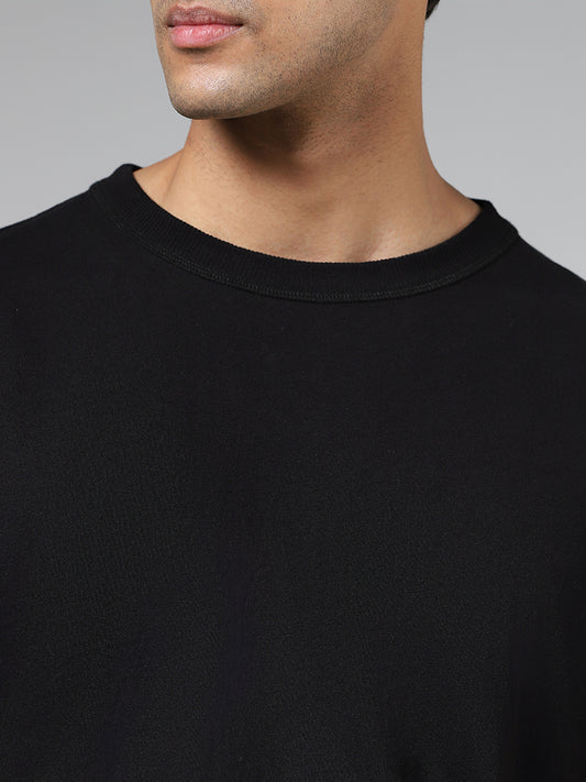 WES Casuals Solid Black Cotton Relaxed Fit T-Shirt