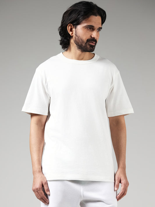 WES Casuals Solid Off White Cotton Relaxed Fit T-Shirt