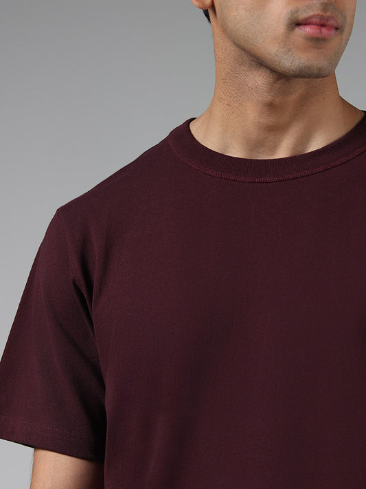 WES Casuals Solid Wine Cotton T-Shirt