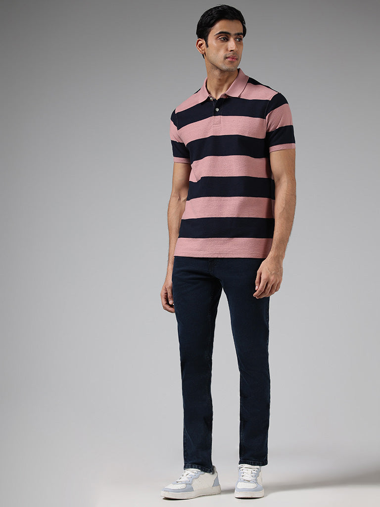 WES Casuals Pink Striped Cotton Blend Slim-Fit Polo T-Shirt