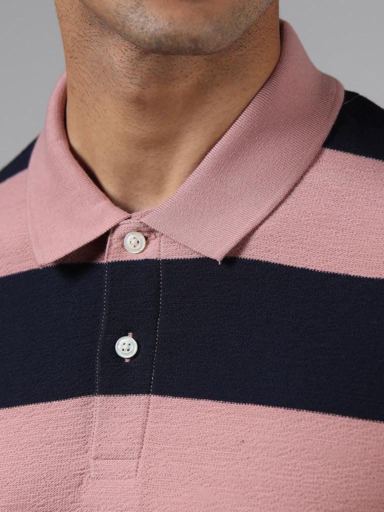 WES Casuals Pink Striped Cotton Blend Slim-Fit Polo T-Shirt