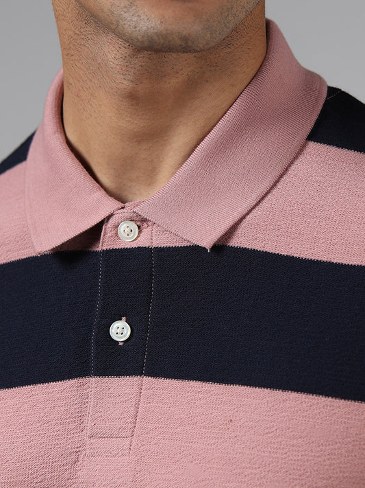 WES Casuals Pink Striped Cotton Blend Slim Fit Polo T-Shirt