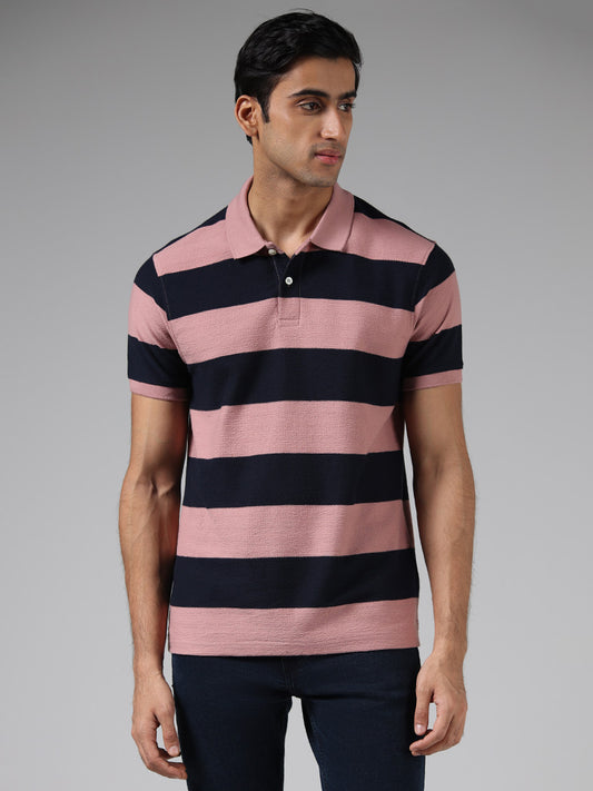 WES Casuals Pink Striped Cotton Blend Slim Fit Polo T-Shirt