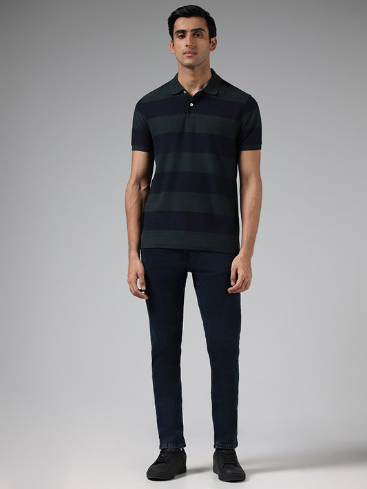 WES Casuals Green Striped Slim Fit Polo T-Shirt