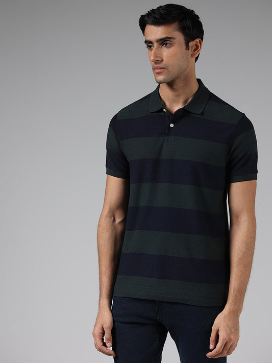 WES Casuals Green Striped Slim Fit Polo T-Shirt