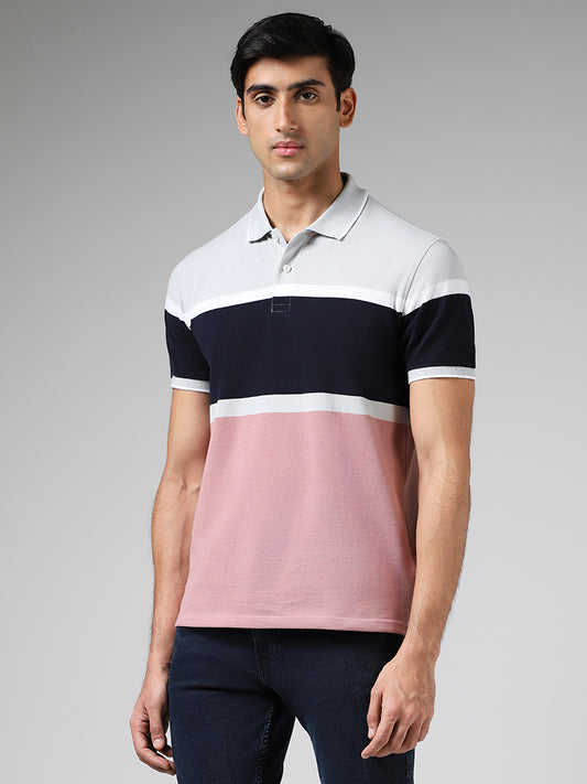 WES Casuals Dusty Pink Striped Cotton Blend Slim-Fit Polo T-Shirt