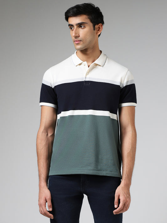 WES Casuals Sage Striped Cotton Blend Slim-Fit Polo T-Shirt