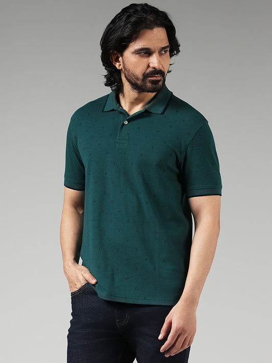 WES Casuals Green Floral Printed Cotton Blend Slim-Fit Polo T-Shirt