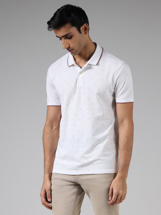 WES Casuals White Printed Slim Fit Polo T-Shirt