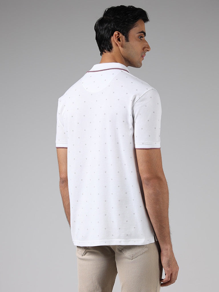 WES Casuals White Printed Cotton Blend Slim Fit Polo T-Shirt