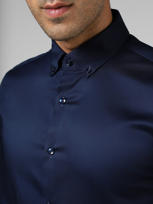 WES Formals Solid Navy Cotton Blend Slim Fit Shirt