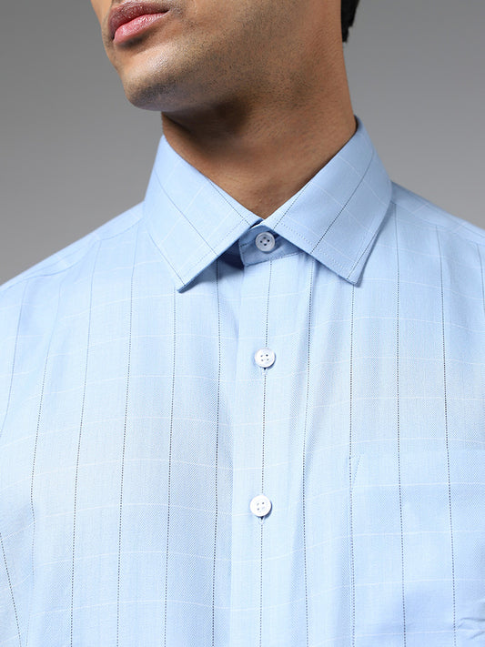 WES Formals Light Blue Graph Checked Relaxed Fit Shirt