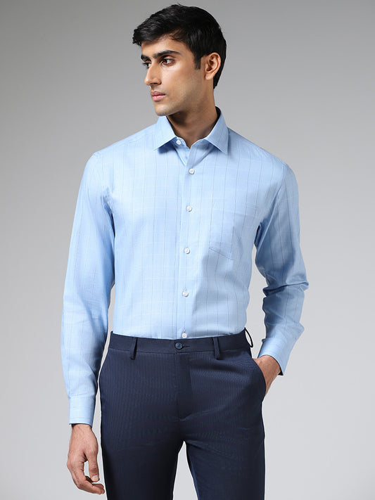 WES Formals Light Blue Graph Checked Relaxed Fit Shirt