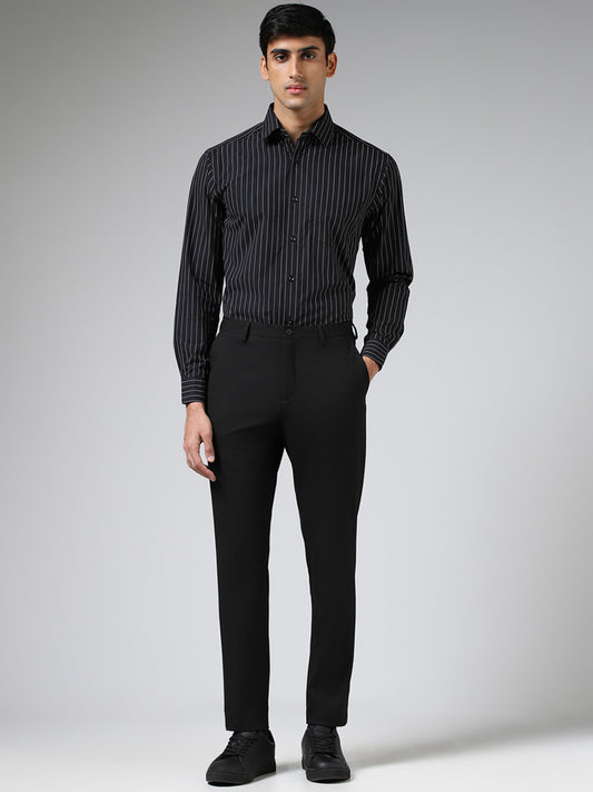 WES Formals Black Pin Striped Cotton Relaxed Fit Shirt