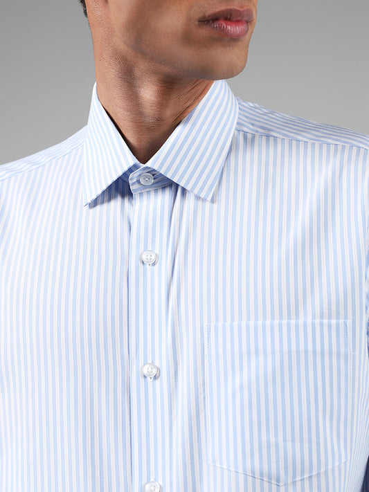 WES Formals Blue Striped Cotton Relaxed Fit Shirt