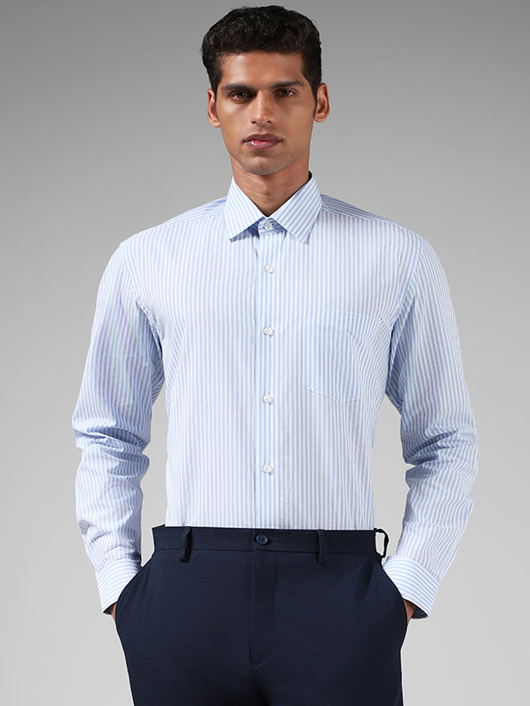 WES Formals Blue Striped Cotton Relaxed Fit Shirt