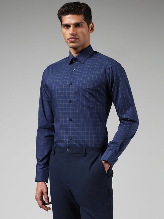 WES Formals Navy Checked Slim Fit Shirt