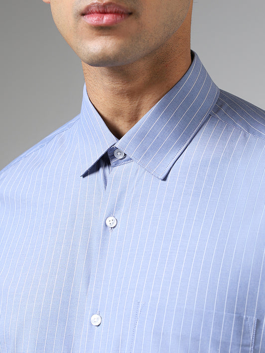 WES Formals Light Blue Pin Striped Slim Fit Shirt