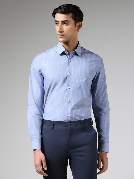 WES Formals Light Blue Pin Striped Slim Fit Shirt