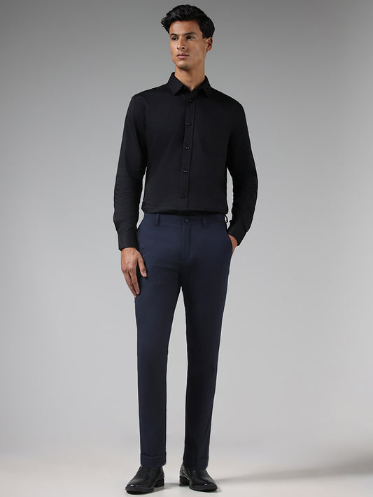 WES Formals Solid Navy Slim-Fit Mid-Rise Trousers