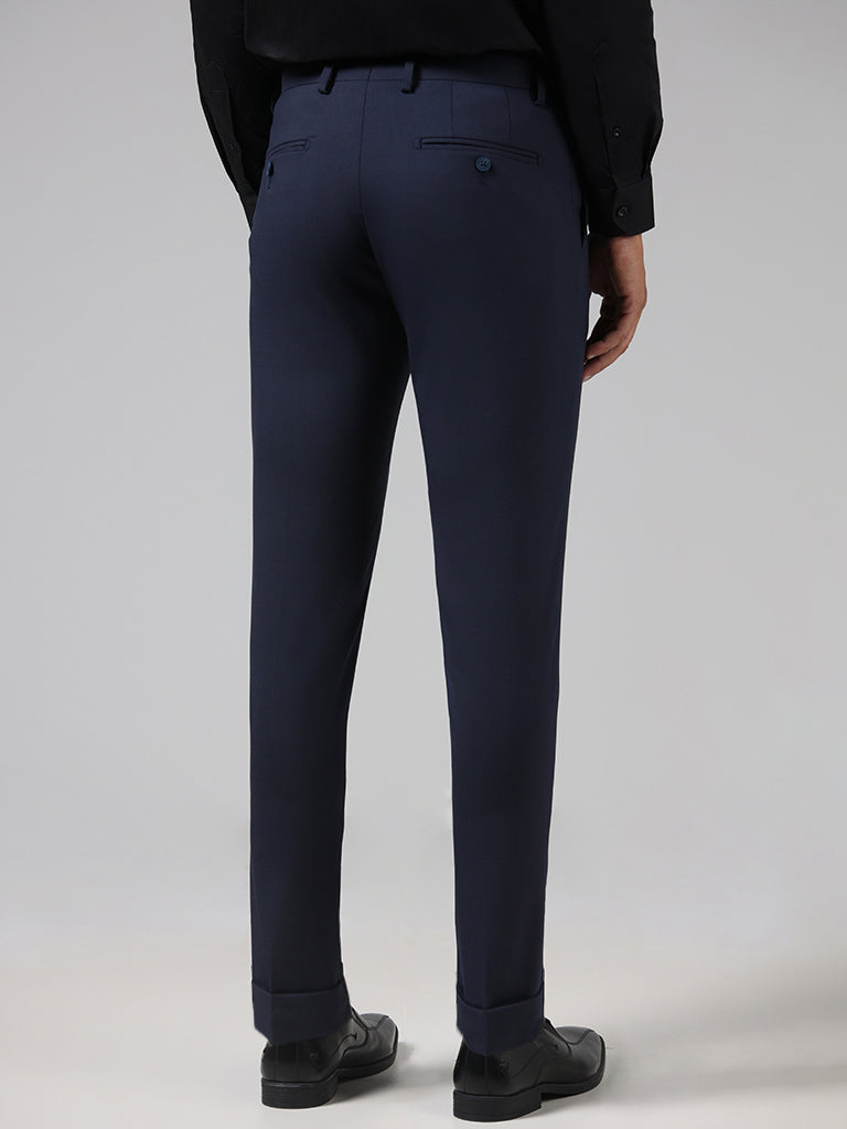 Buy WES Formals Solid Navy Carrot Fit Trousers from Westside