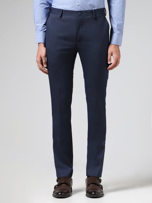 WES Formals Solid Navy Ultra-Slim Fit Trousers