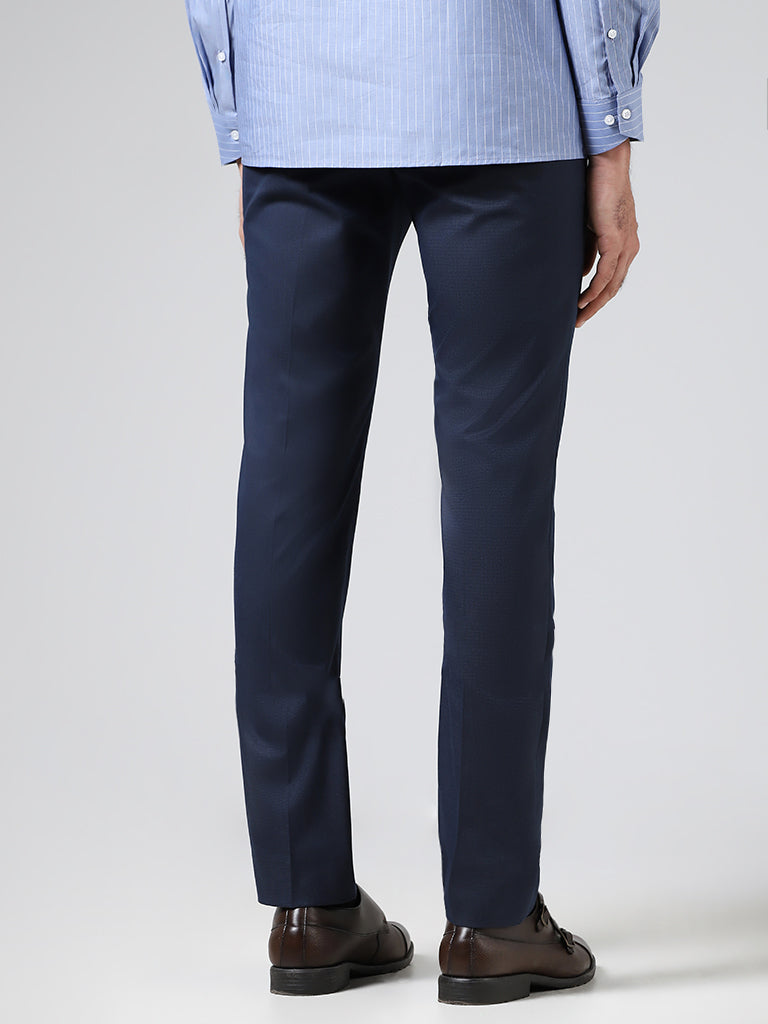 WES Formals Solid Navy Ultra-Slim Fit Trousers