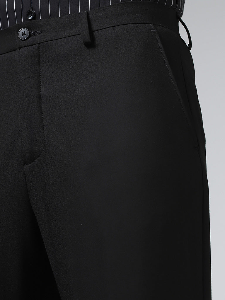 WES Formals Solid Black Slim Fit Trousers