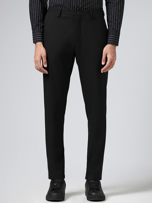 WES Formals Solid Black Slim Fit Trousers